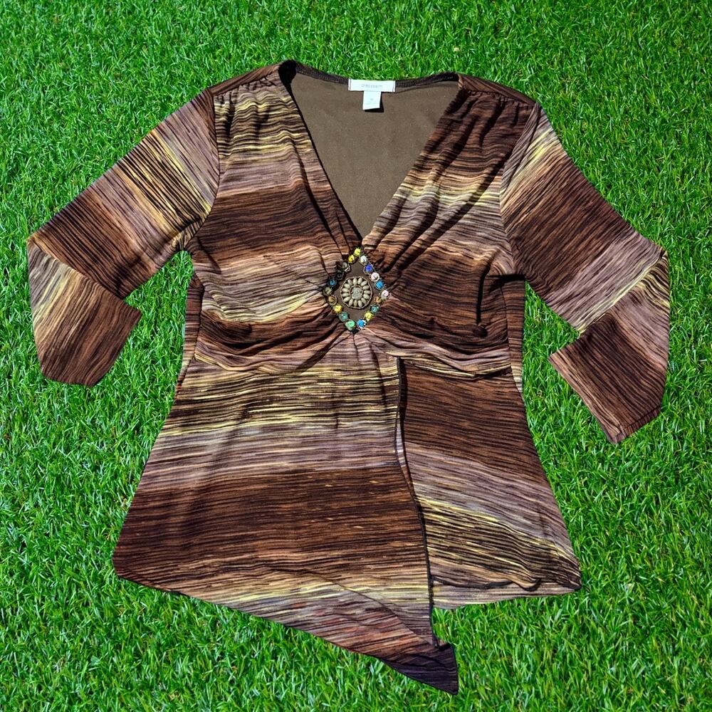 Dressbarn brown striped v-neck blouse
